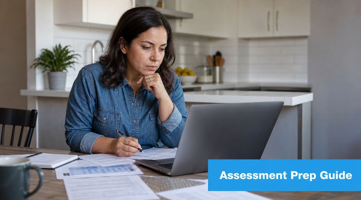 A focused woman working on her laptop with documents and a coffee mug at a desk.