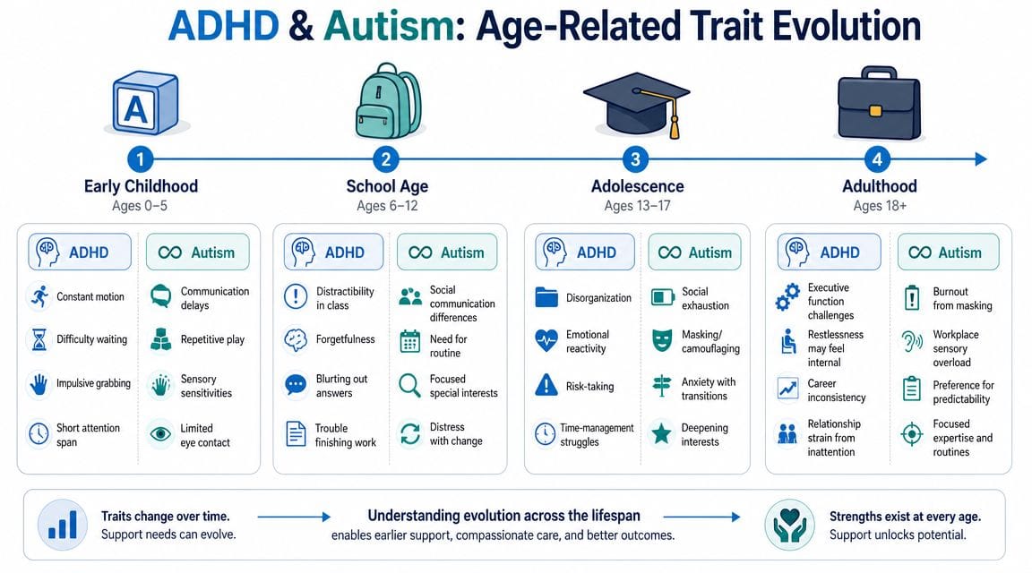 A timeline chart showing how ADHD and autism traits evolve from early childhood through to adulthood.