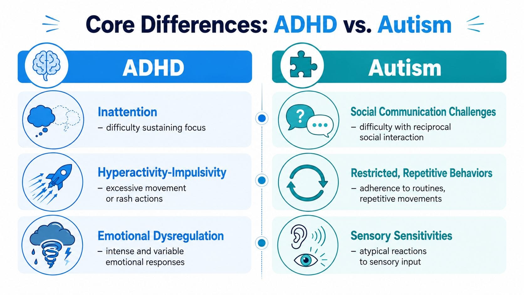 A comparison chart outlining the core differences between ADHD symptoms and autism spectrum disorder traits.