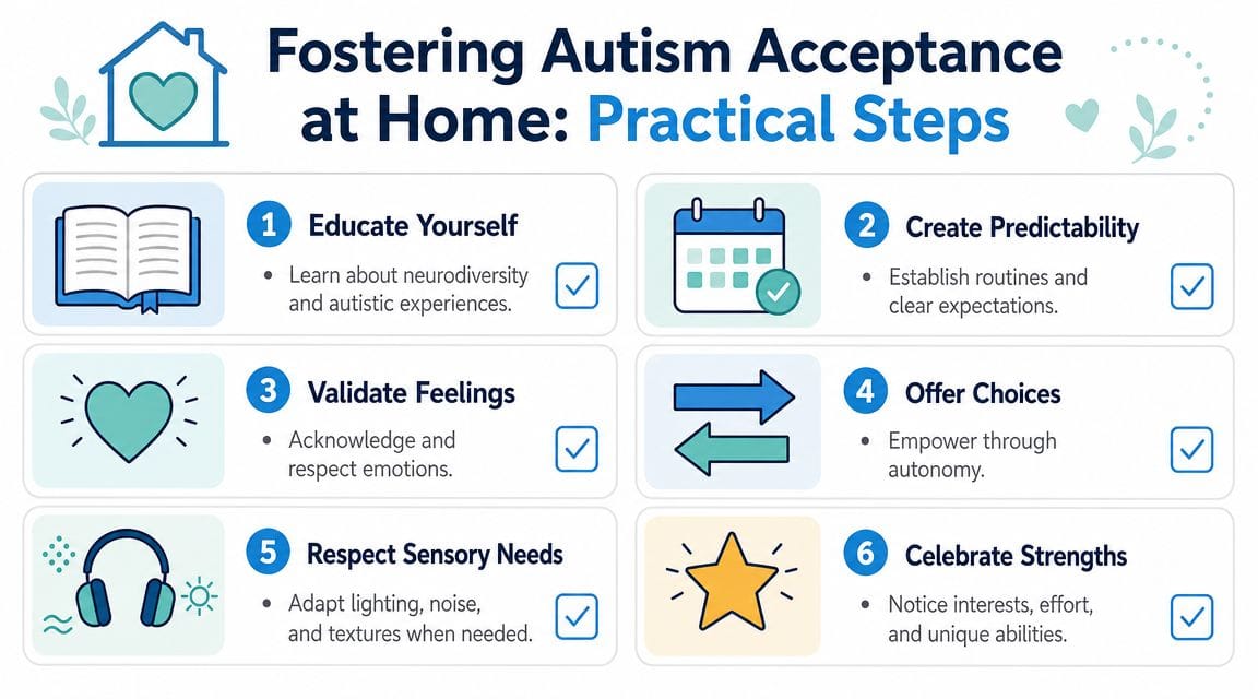 An infographic titled Fostering Autism Acceptance at Home featuring six practical steps with supporting icons.