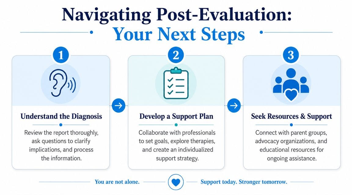 A three-step infographic titled Navigating Post-Evaluation outlining how to understand a diagnosis, create support plans, and find resources.