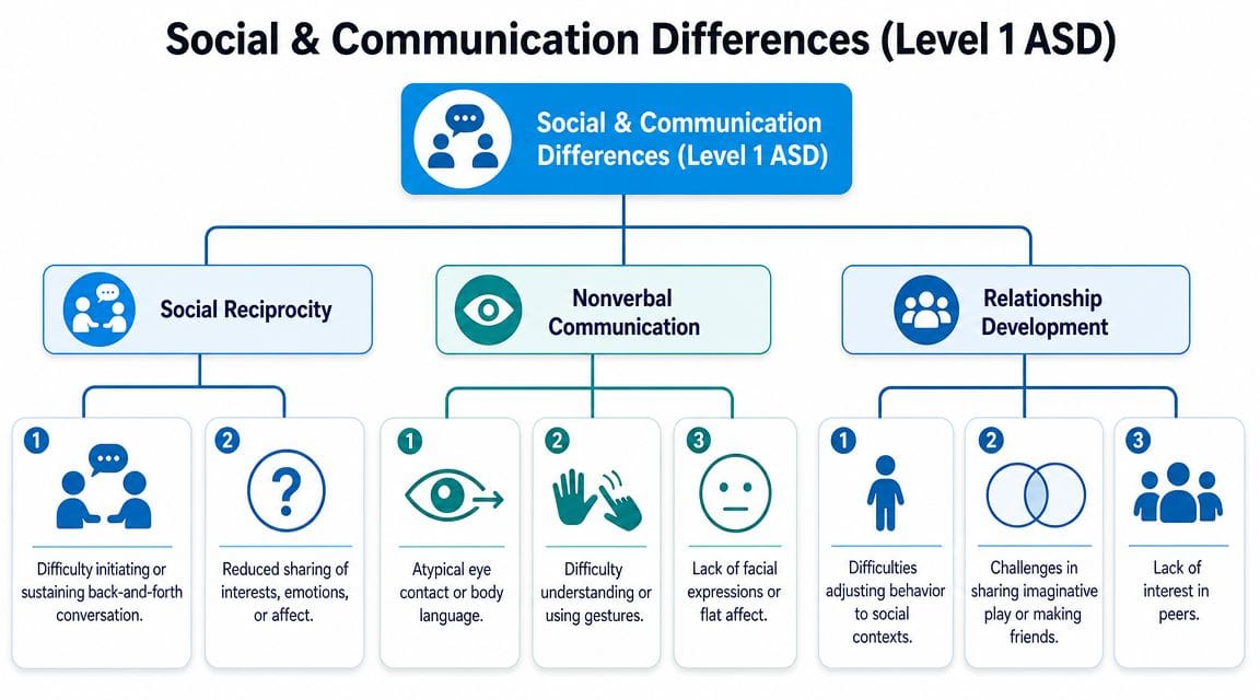 A chart illustrating social and communication symptoms associated with Level 1 autism spectrum disorder.