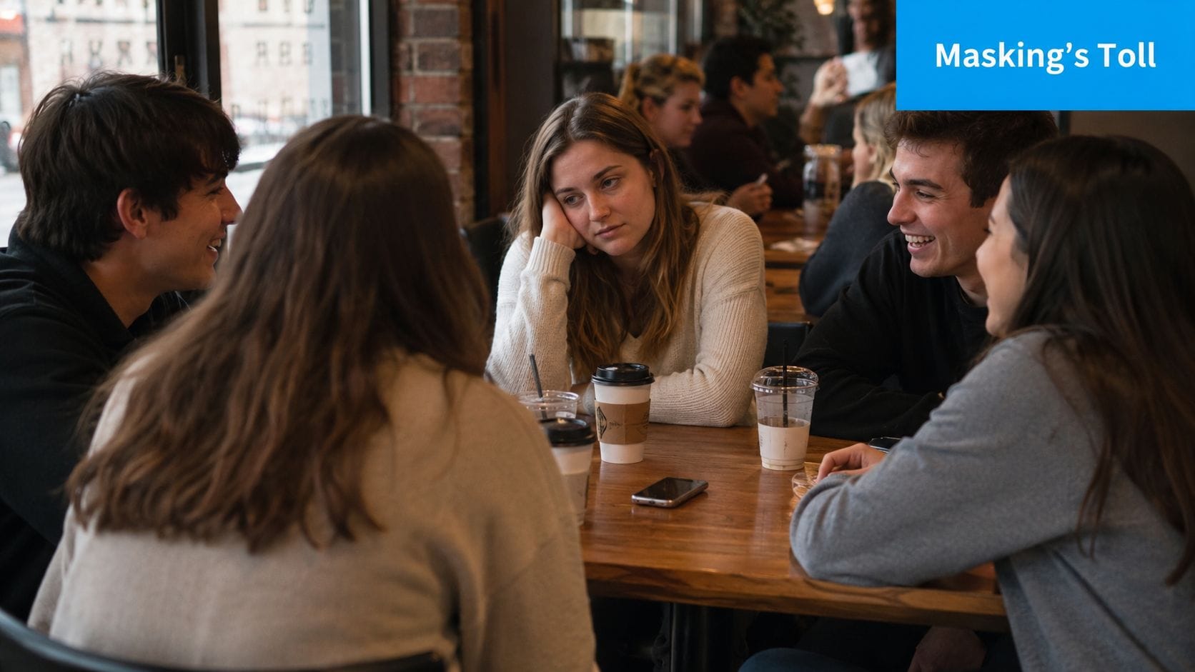 A group of young adults sitting at a cafe table with one woman appearing visibly exhausted.