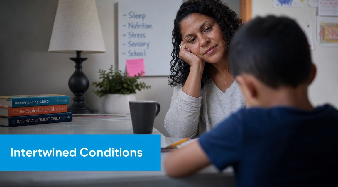 A concerned mother watches her child study while books on childhood development sit on the table nearby.