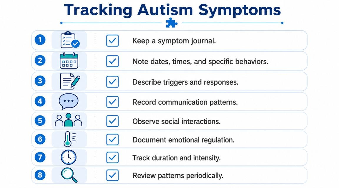 A checklist graphic illustrating eight numbered steps for tracking symptoms associated with autism spectrum disorder.