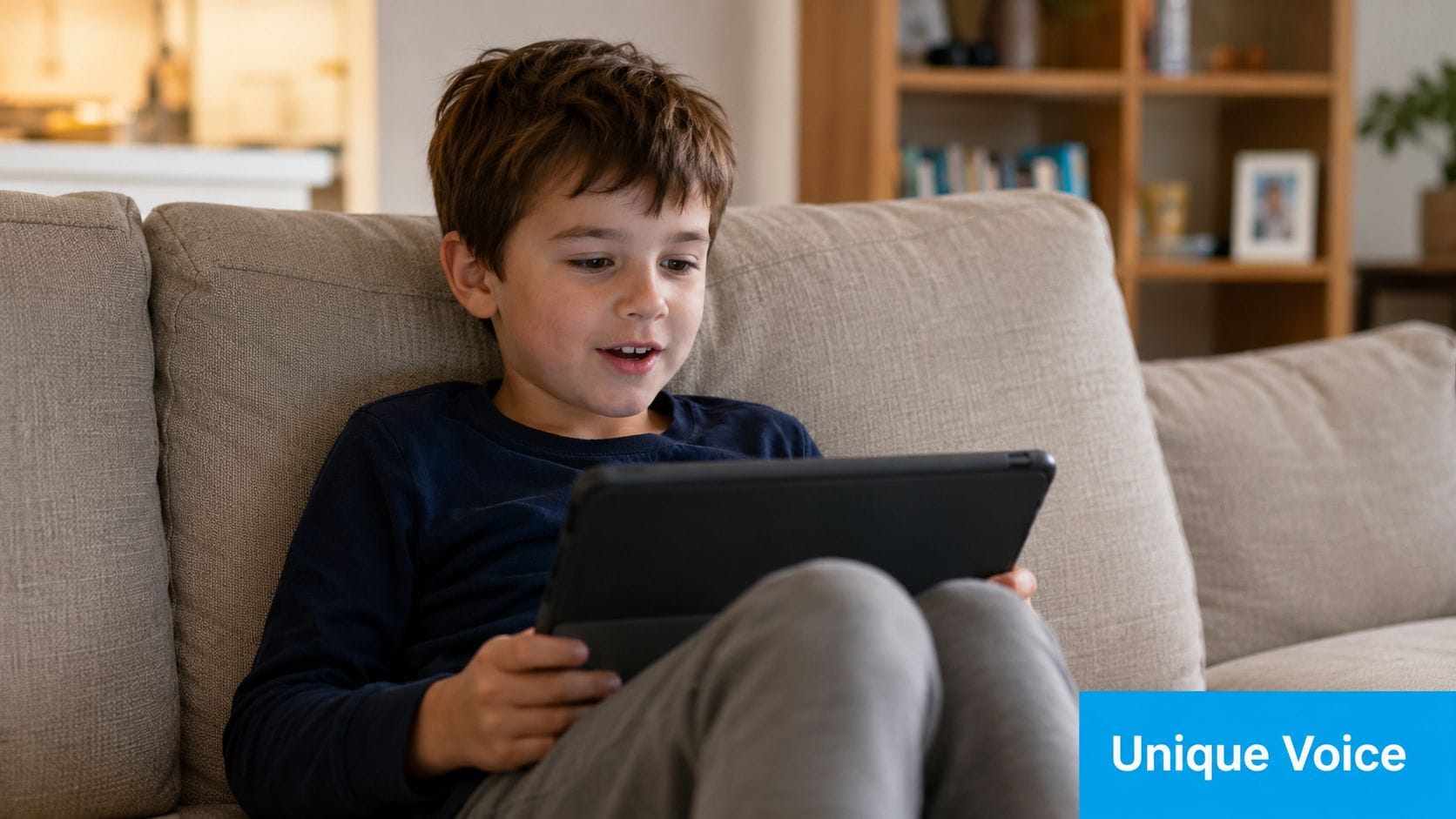 A young boy sitting on a sofa comfortably while focused on interacting with a tablet device.