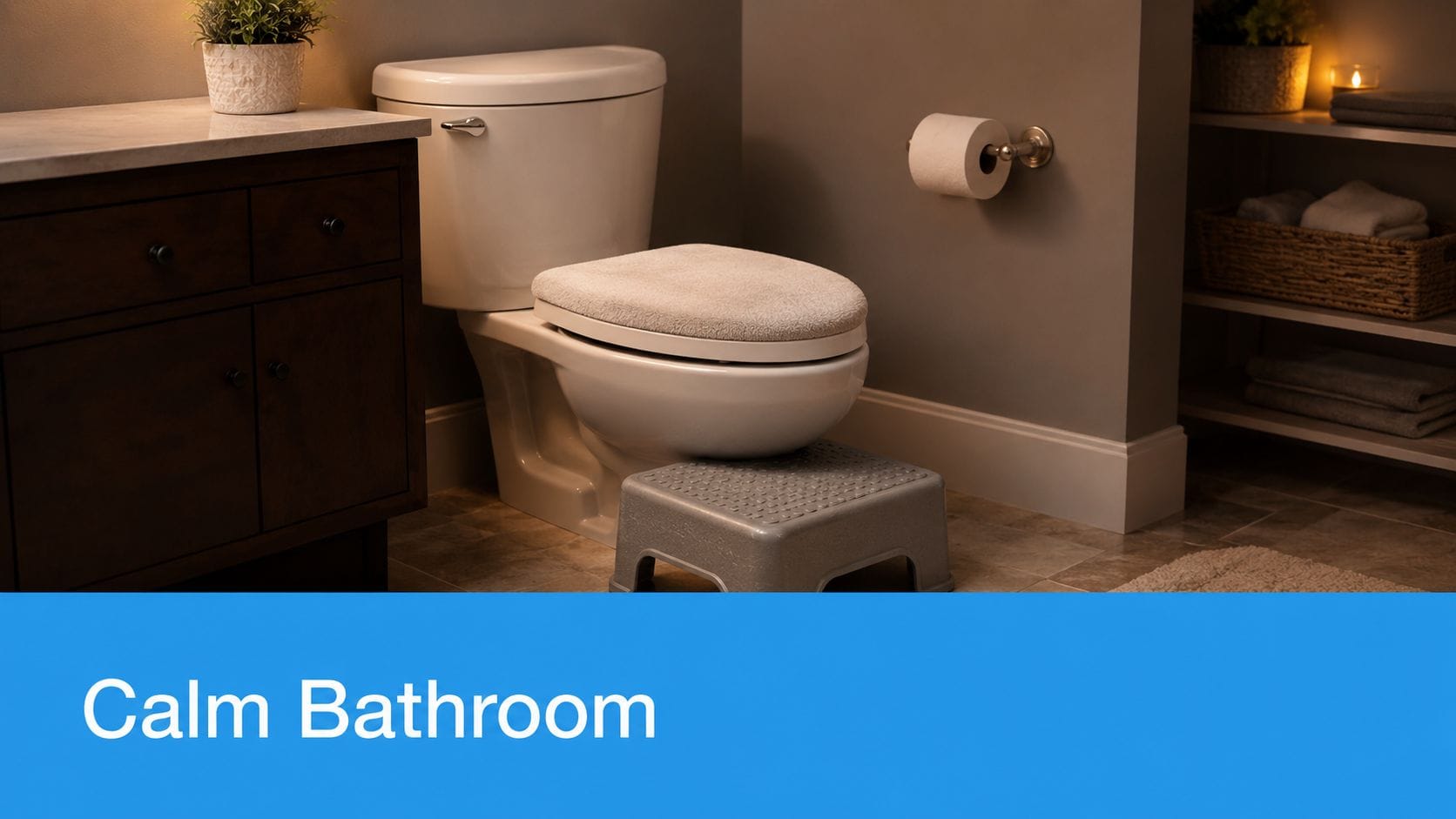 A cozy, well-lit bathroom featuring a toilet with a step stool, ideal for child toilet training.