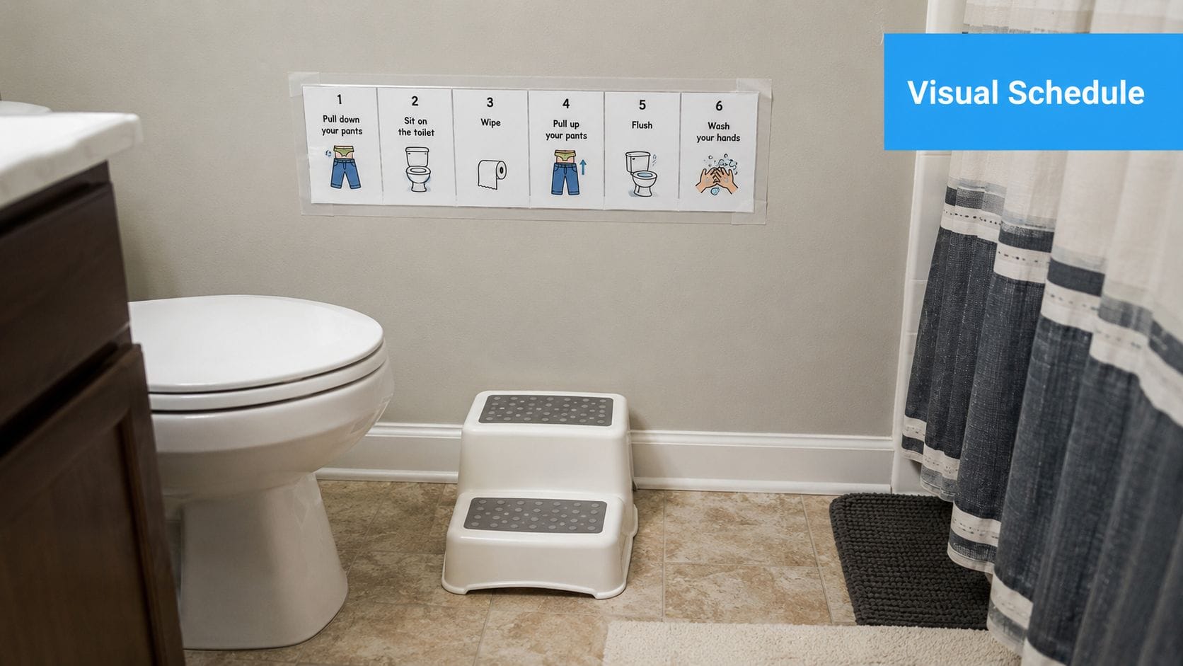 A bathroom wall displaying a six-step visual schedule for children to follow during toilet training.