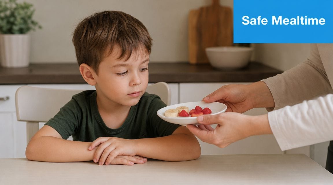 A mother offers a plate of sliced strawberries and bananas to her young son at the table.