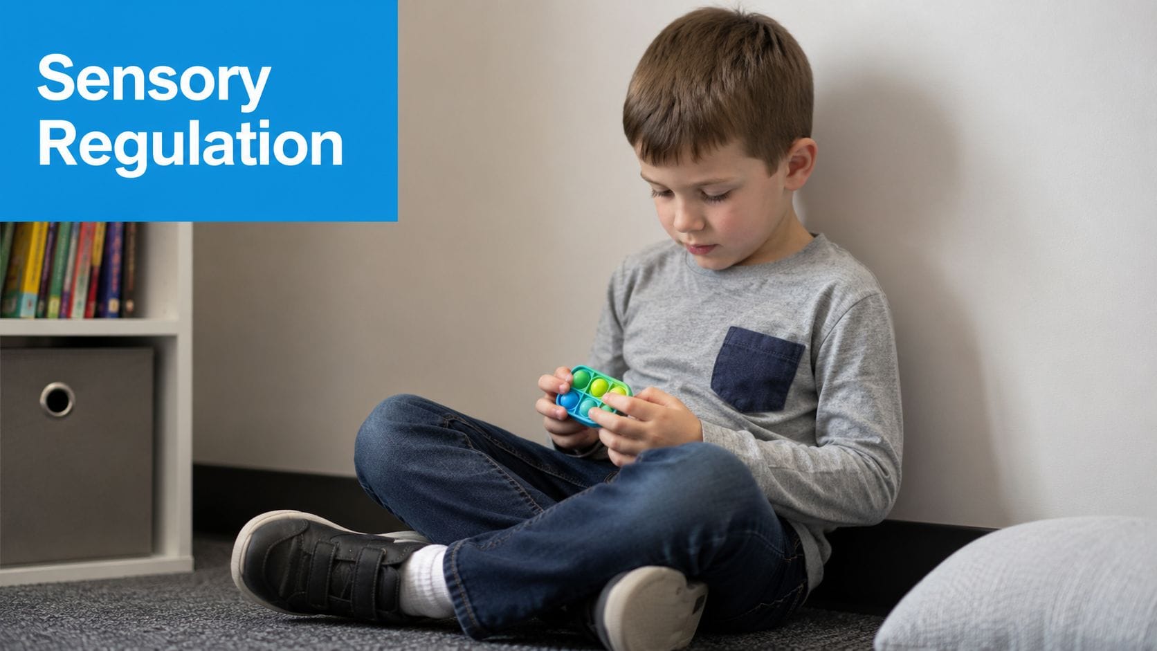 A young boy sitting on the floor calmly using a colorful sensory fidget toy to self-regulate.