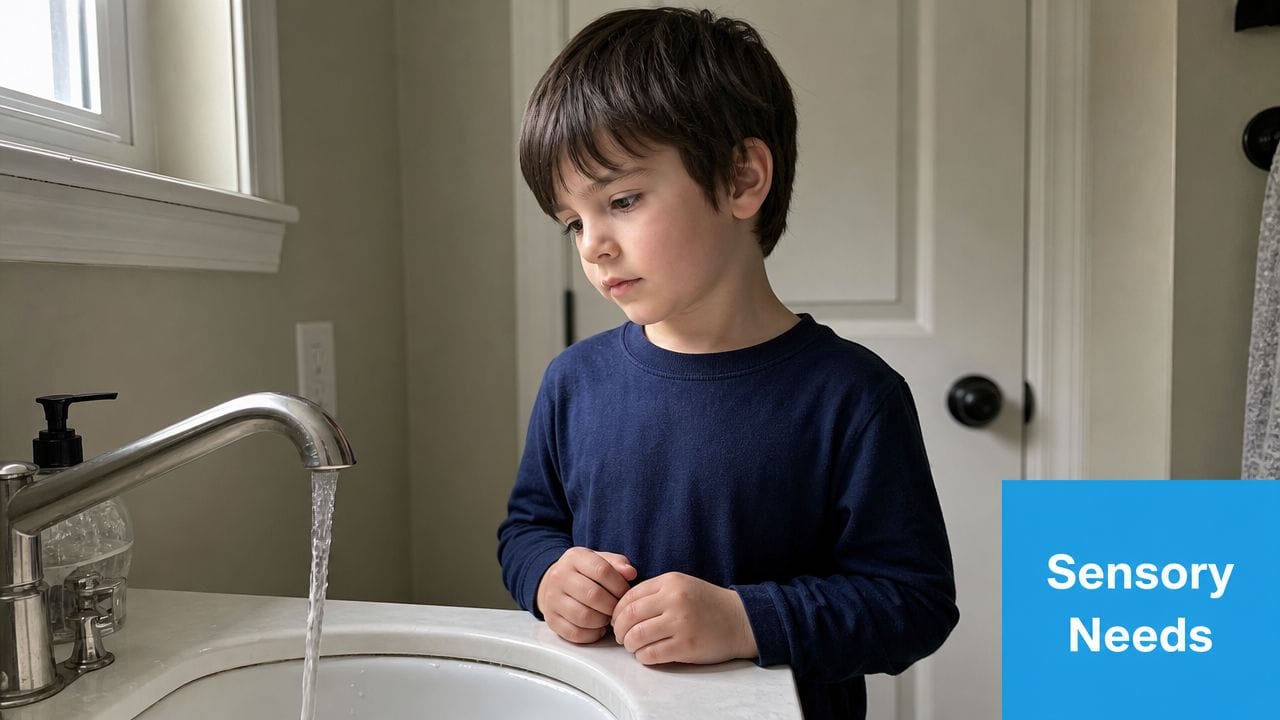 A young boy watching water flow from a bathroom faucet, focusing on a handwashing task analysis.
