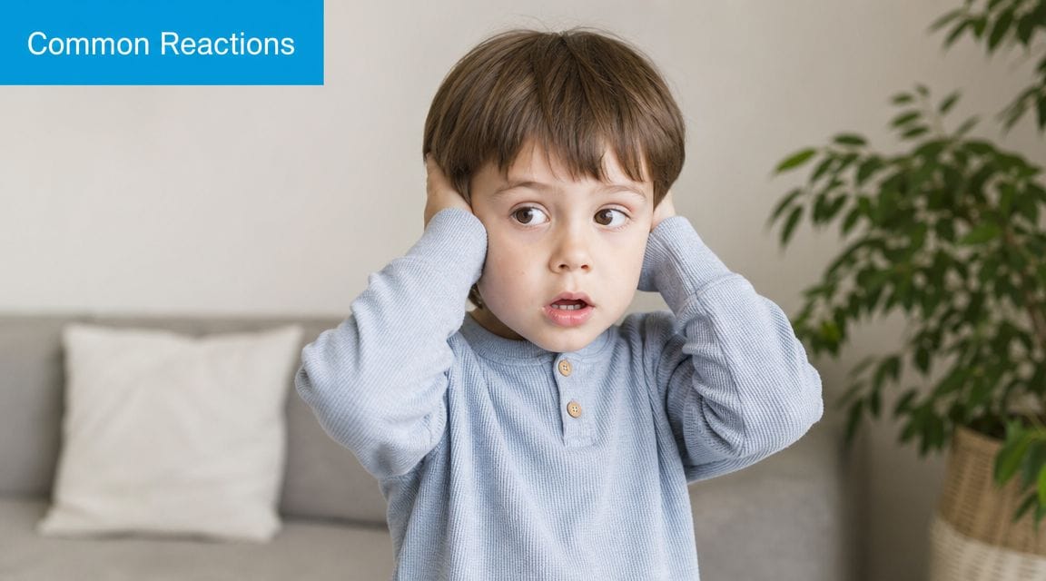 A young boy looking startled while covering his ears with both hands, appearing overwhelmed by loud noises.