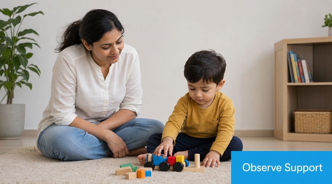 A mother watching her young son play with colorful wooden blocks on a rug at home.