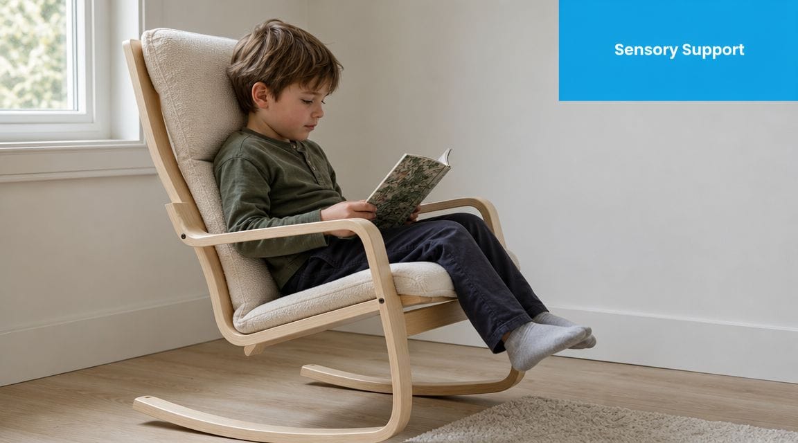 A young boy sitting in a cozy wooden rocking chair with white cushions, reading a book.