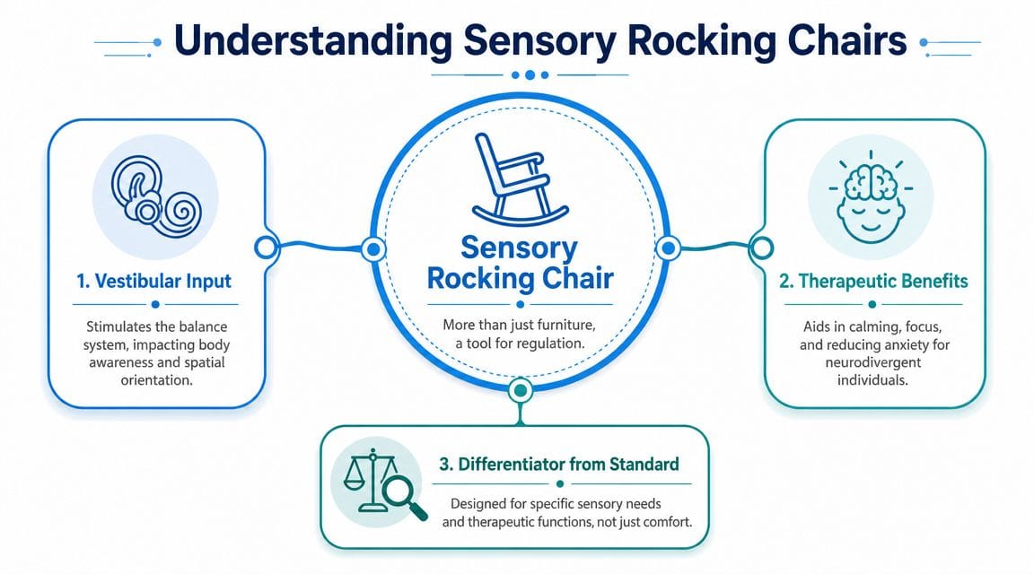 An infographic titled Understanding Sensory Rocking Chairs explaining vestibular input, therapeutic benefits, and differences from standard chairs.