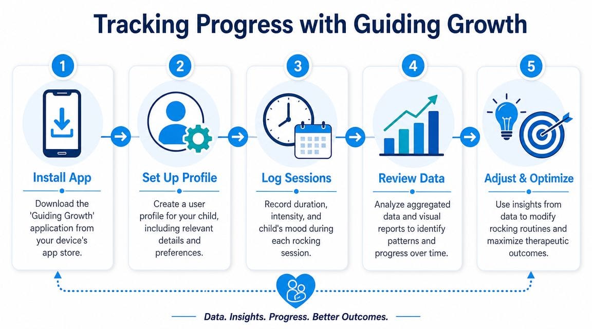 A five-step infographic showing how to track child progress using the Guiding Growth mobile application.