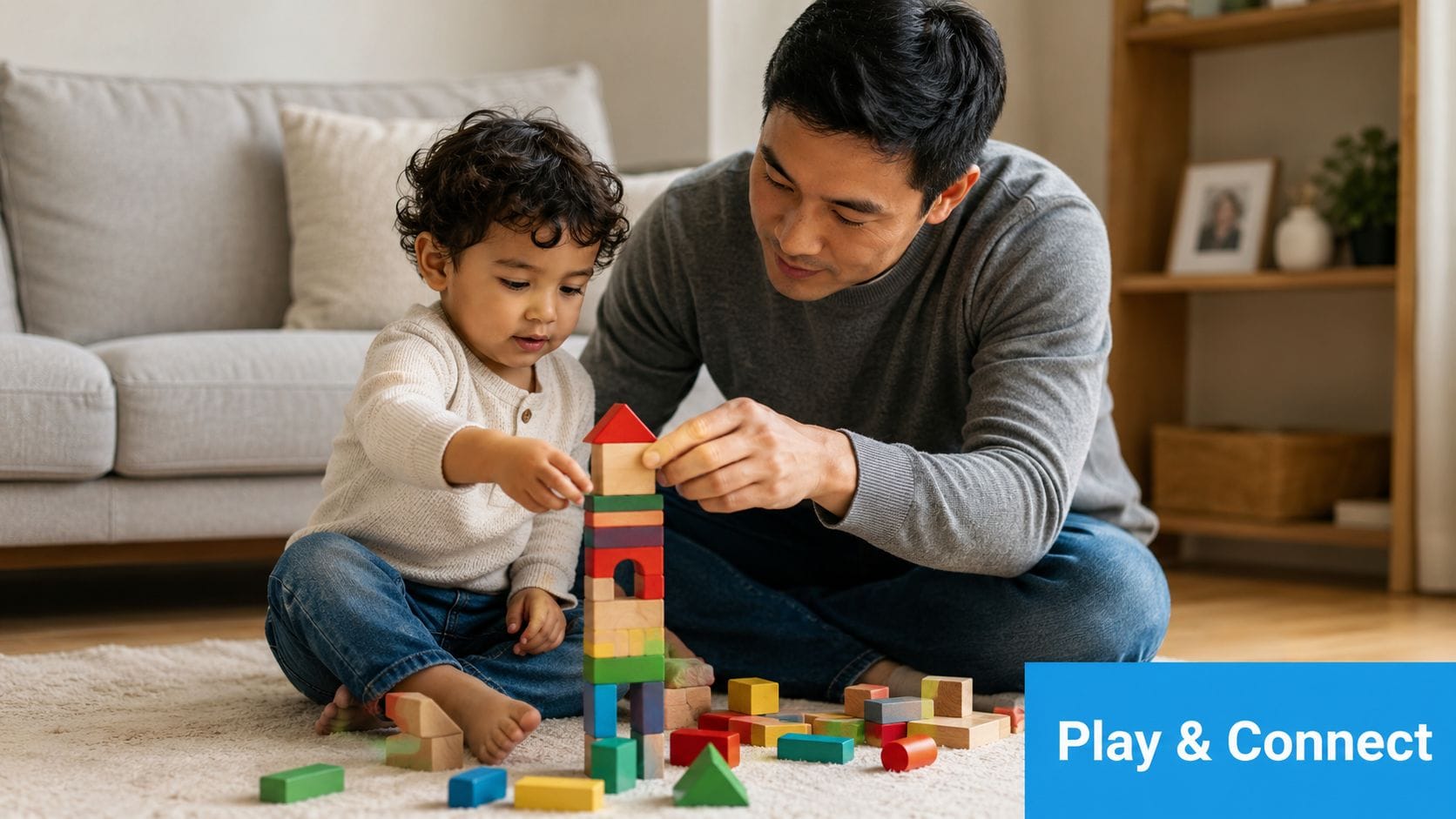 A caring father and his young toddler boy building a colorful wooden tower on the carpet.