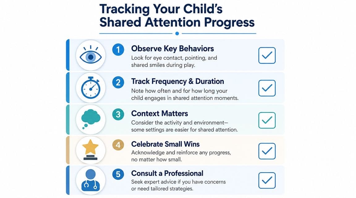 A five-step guide on tracking a child's shared attention progress with icons and descriptive text.