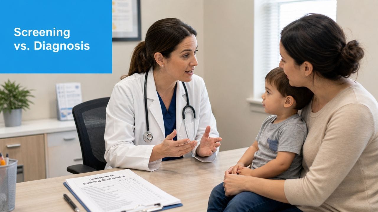 A pediatrician explains the difference between screening and diagnosis to a mother and her young son.