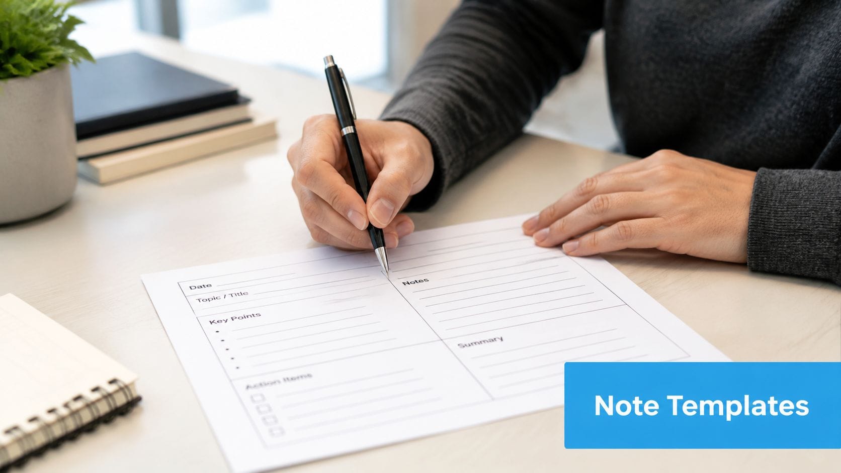 A person writing on a structured note template paper at a clean, professional workspace desk.