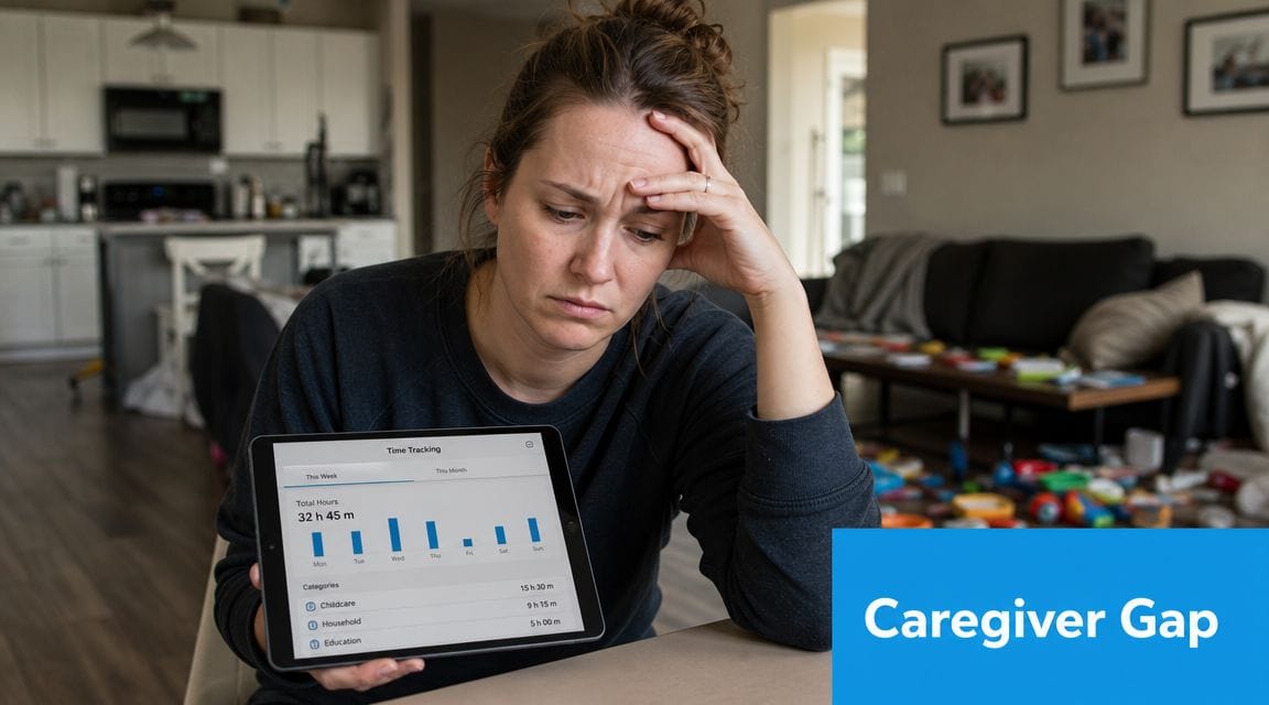 A tired woman holding a tablet displaying time tracking data for childcare, household tasks, and education.