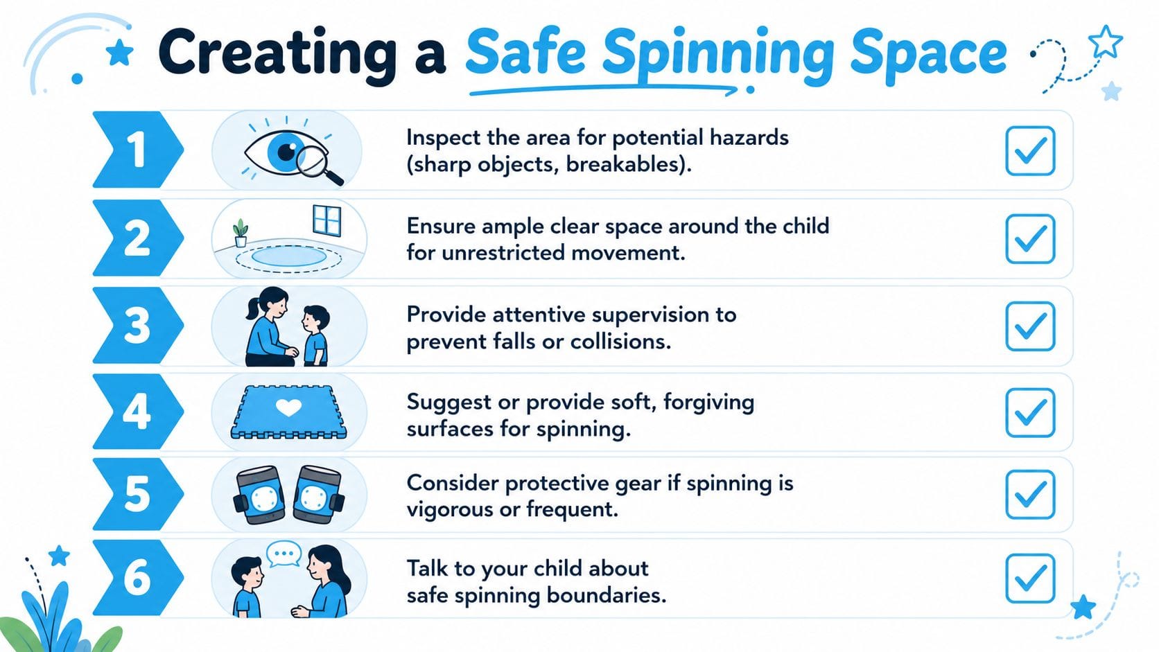 An infographic titled Creating a Safe Spinning Space providing six safety tips for children who spin.