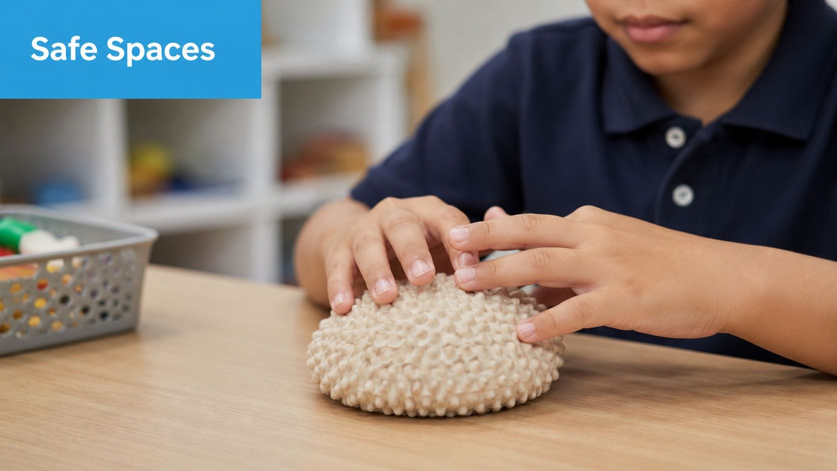 A child playing with a textured sensory dome toy on a wooden desk to manage stress.