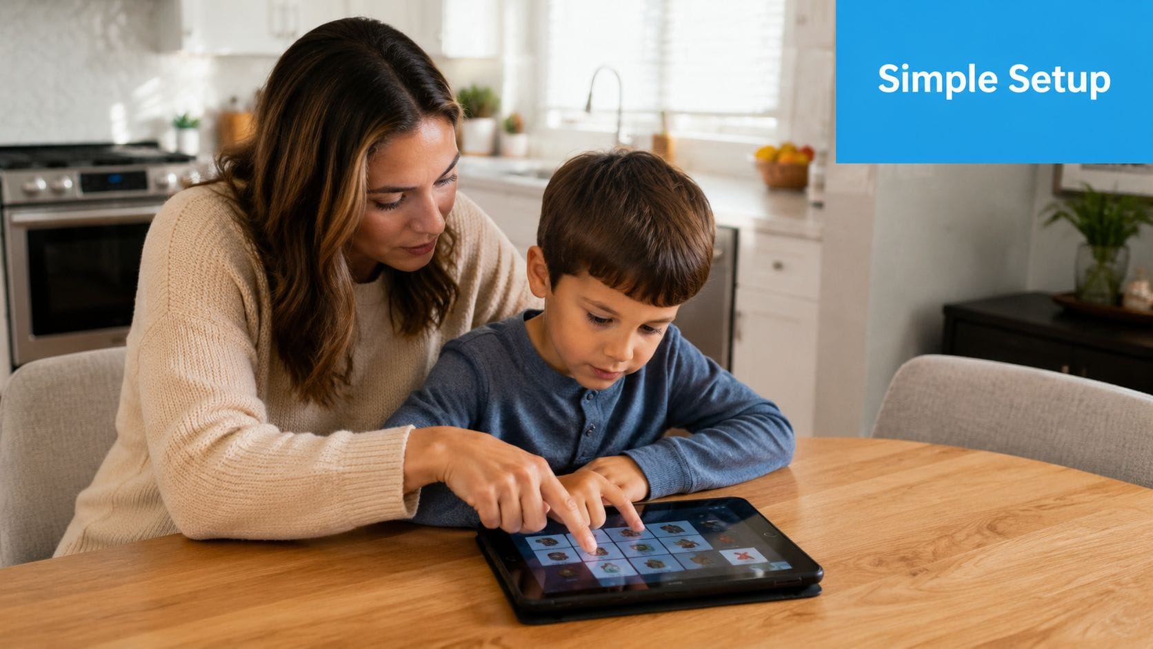 A mother helping her young son use an autism visual schedule app on a tablet computer.