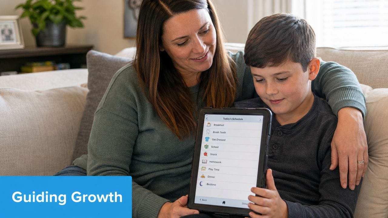 A mother and her son looking at an autism visual schedule app on a tablet computer.