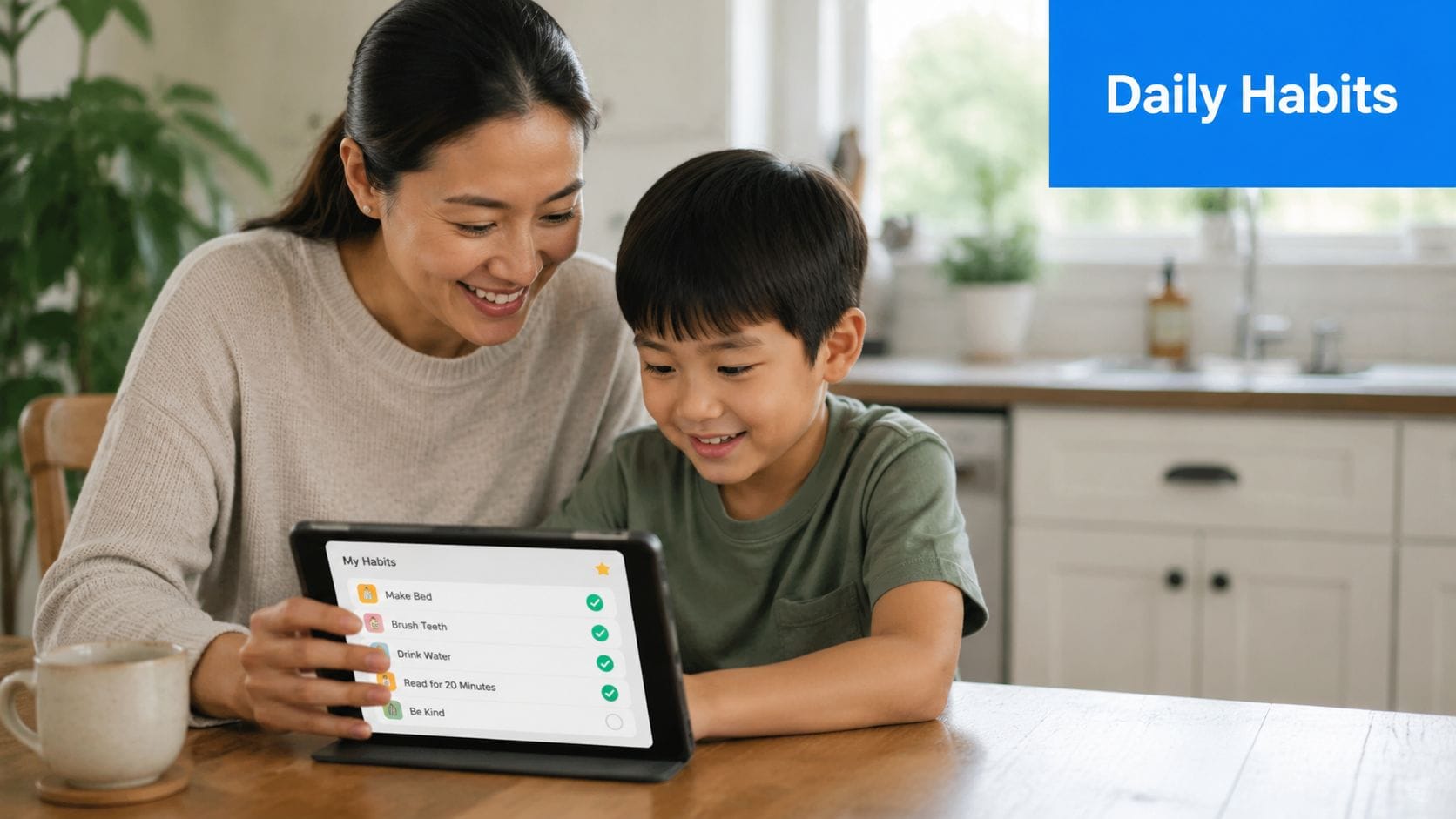 A mother and her young son sitting at a table using a tablet to track daily habits.