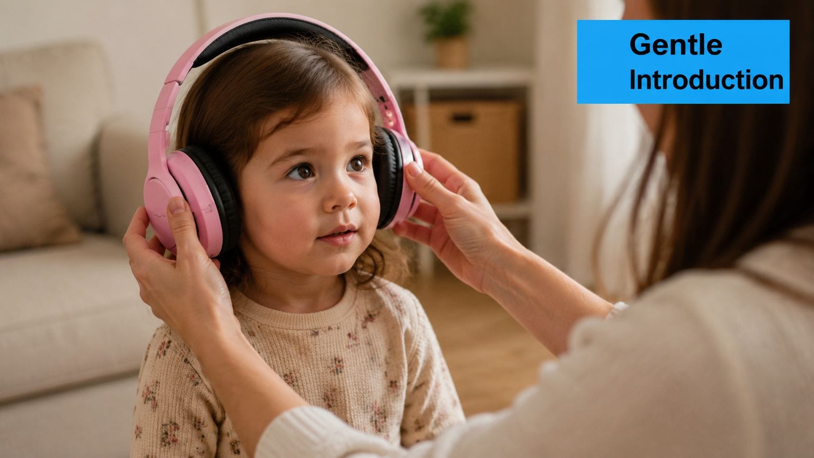 A caring parent gently placing comfortable pink headphones on a young girl's head at home.