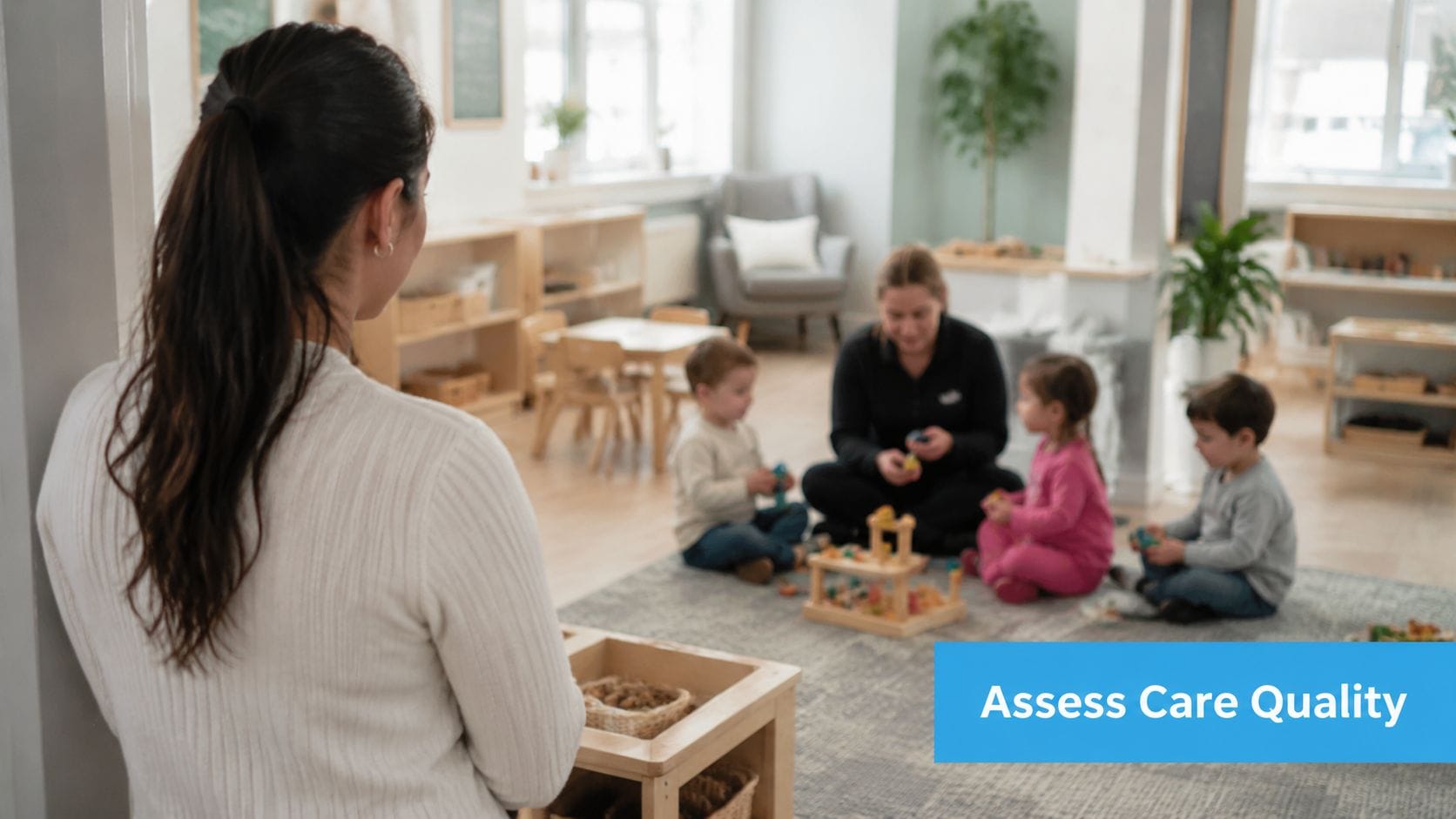 A teacher interacts with children on a rug in a bright, modern, well-equipped early learning classroom.