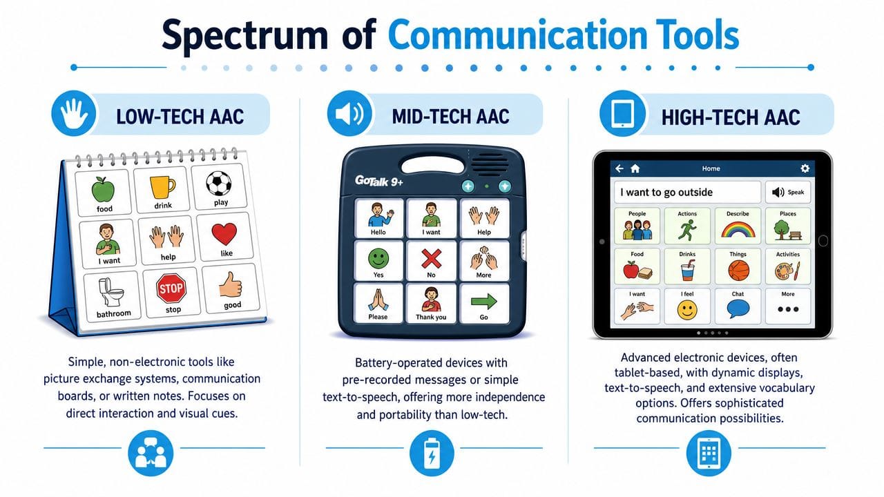 An infographic showing the spectrum of communication devices for nonverbal individuals, ranging from low-tech to high-tech tools.