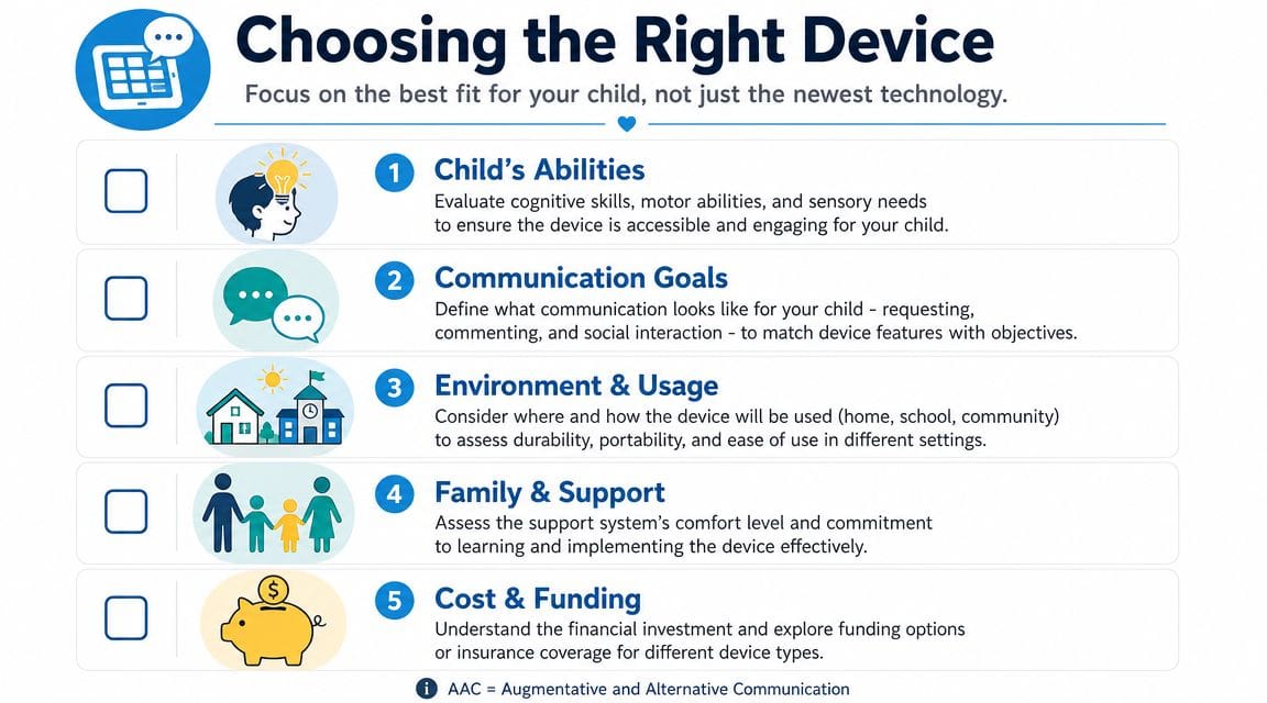 An infographic outlining five key considerations for choosing the right augmentative and alternative communication device for children.