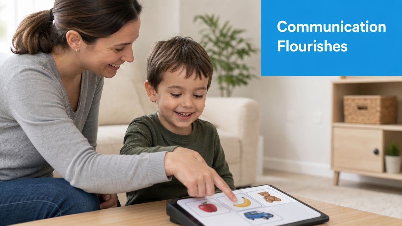A smiling woman helping a young child use a communication device with pictures of objects.