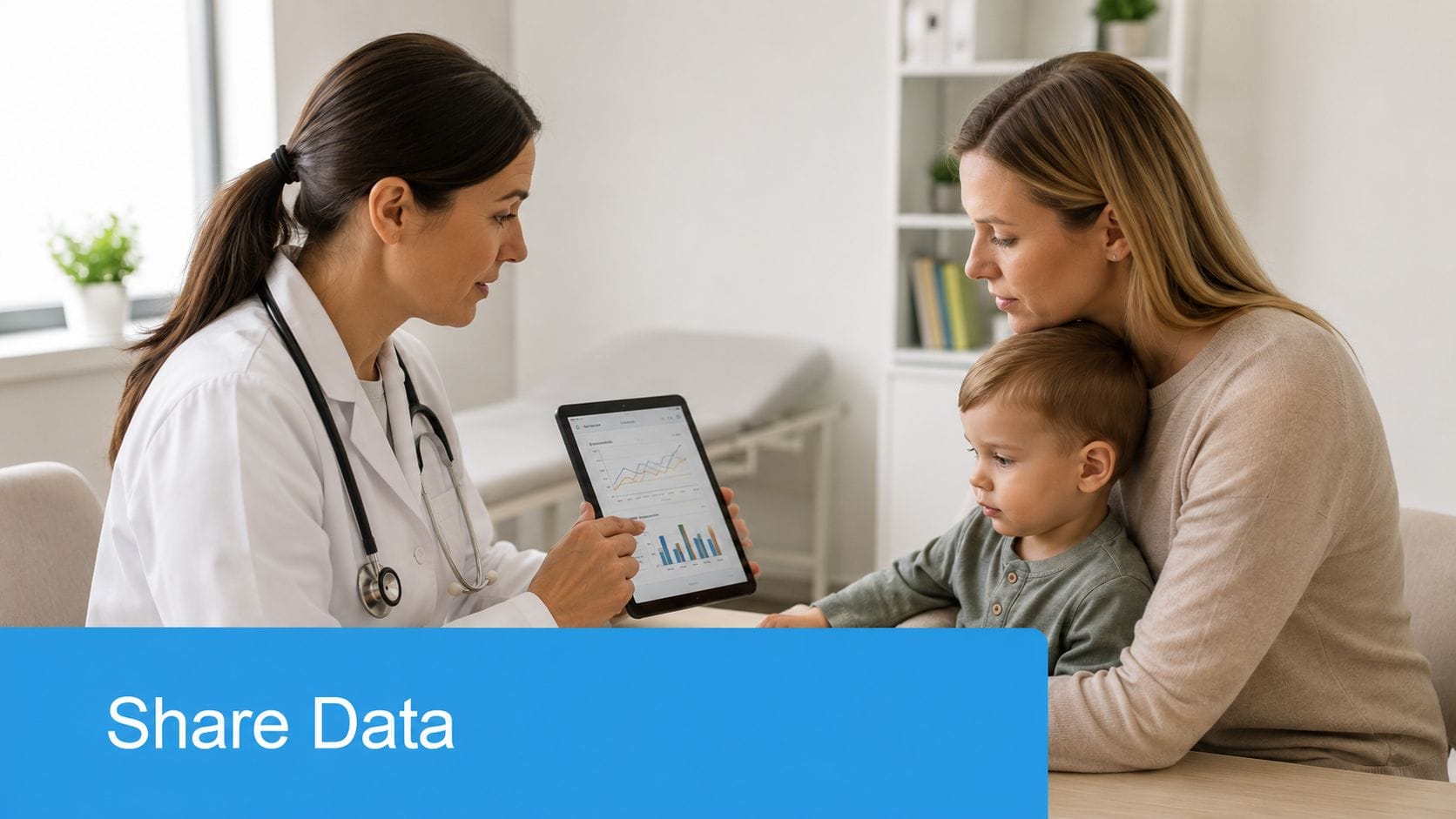 A female doctor showing health data on a tablet to a mother and her young son.