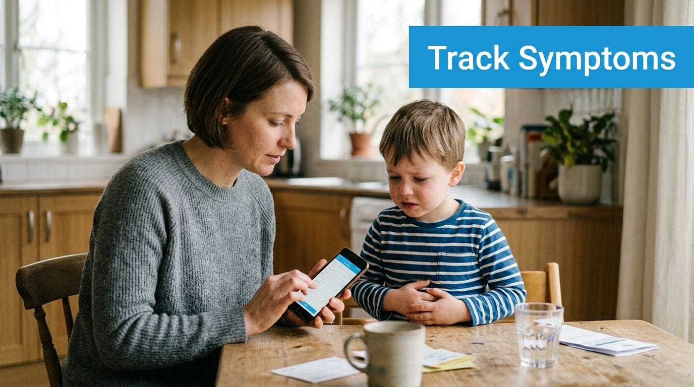 A caring mother using a smartphone app to record symptoms for her young son at home.