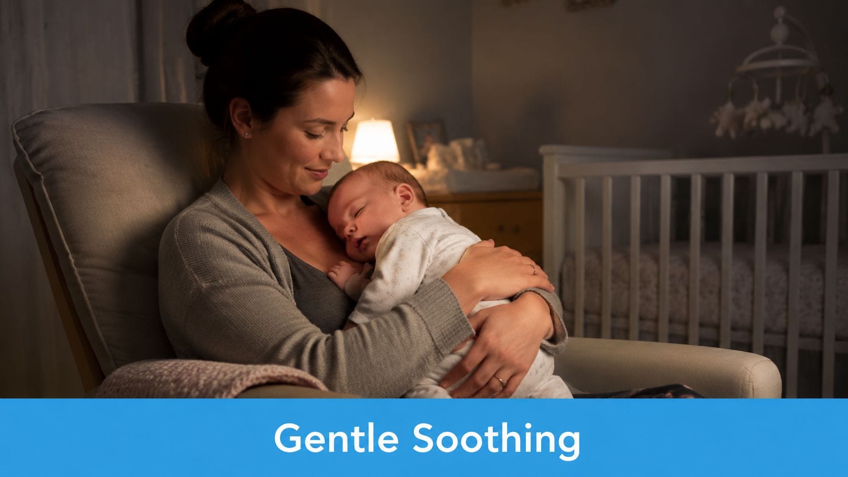 A mother gently cradles and soothes her newborn baby who is sleeping peacefully in her arms.
