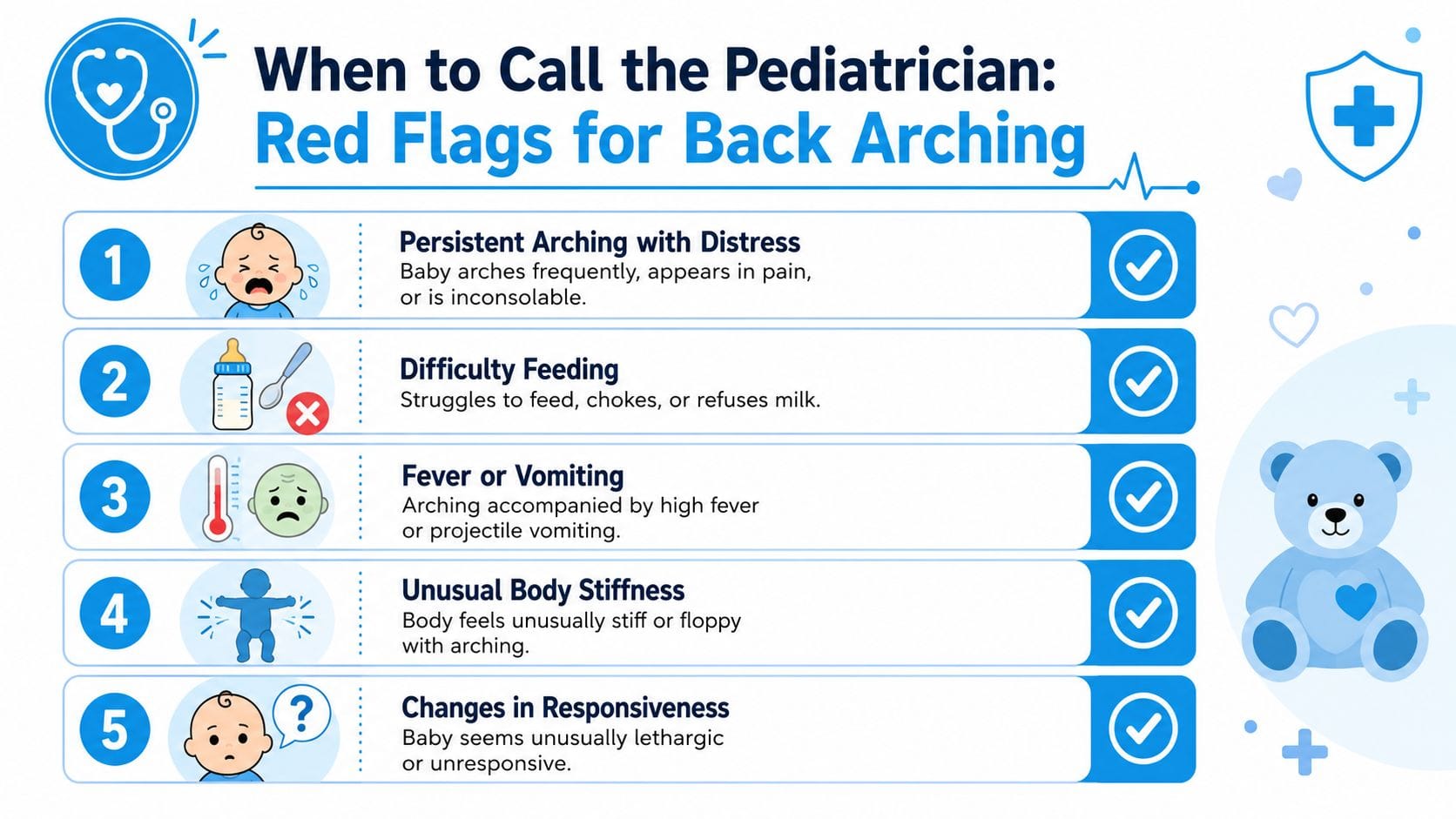 A pediatric infographic outlining five red flag warning signs for when to call a doctor about infant back arching.