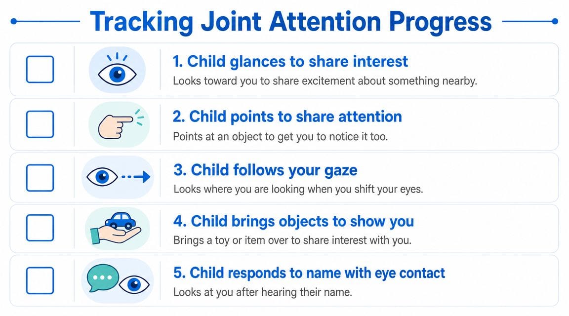 A checklist titled Tracking Joint Attention Progress showing five developmental milestones for children to improve social engagement.
