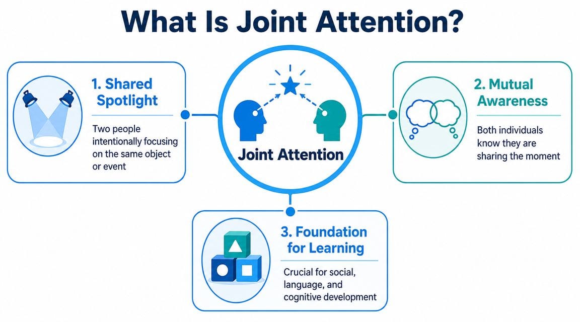 An infographic titled What Is Joint Attention explaining its three core components: shared spotlight, mutual awareness, and learning.