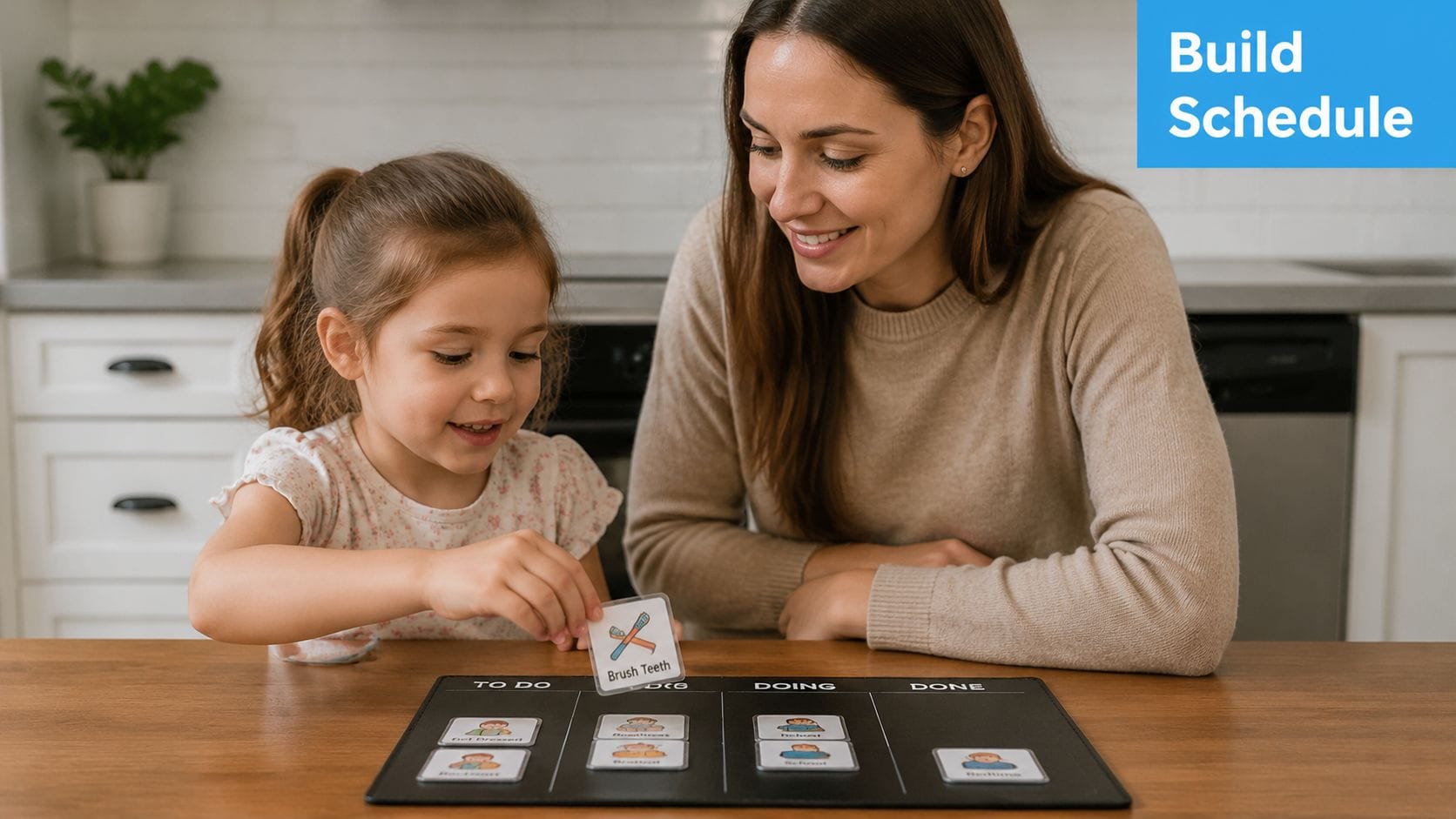 A mother and her young daughter using a visual schedule board to organize daily tasks together.