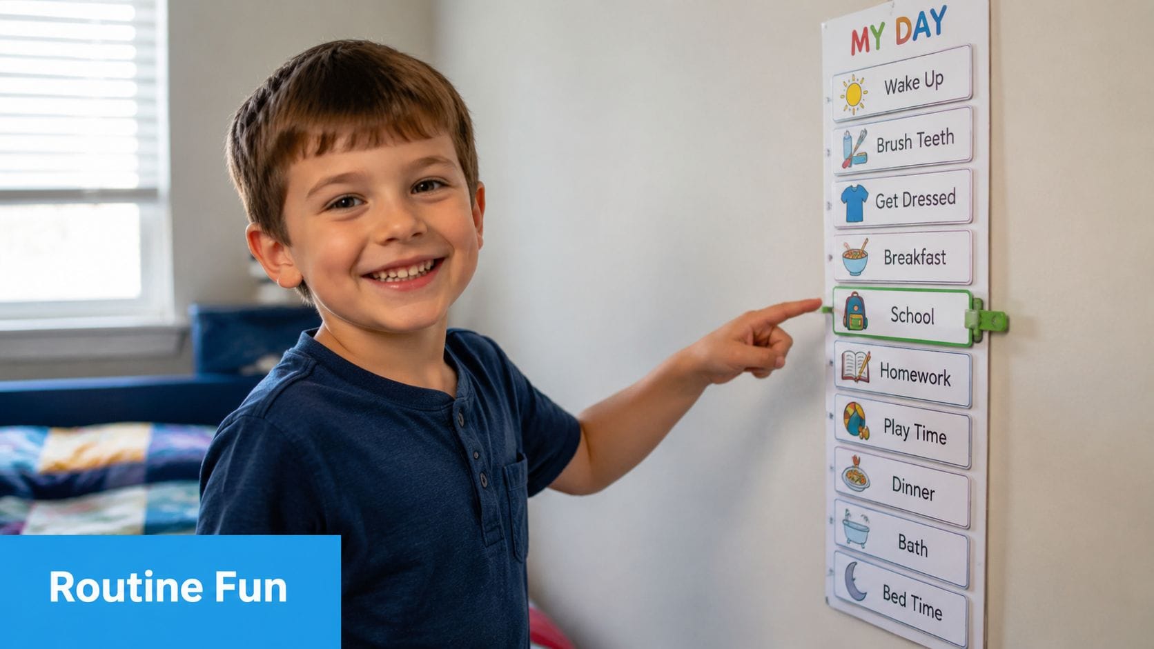 A happy young boy pointing to his daily routine visual schedule chart on the wall.