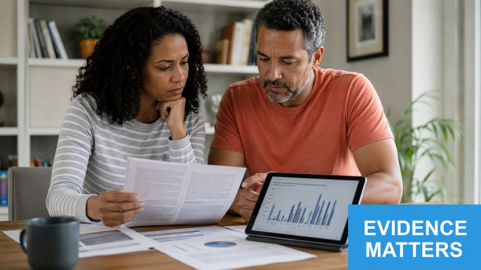 A couple reviewing financial documents and data on a tablet together at a desk.