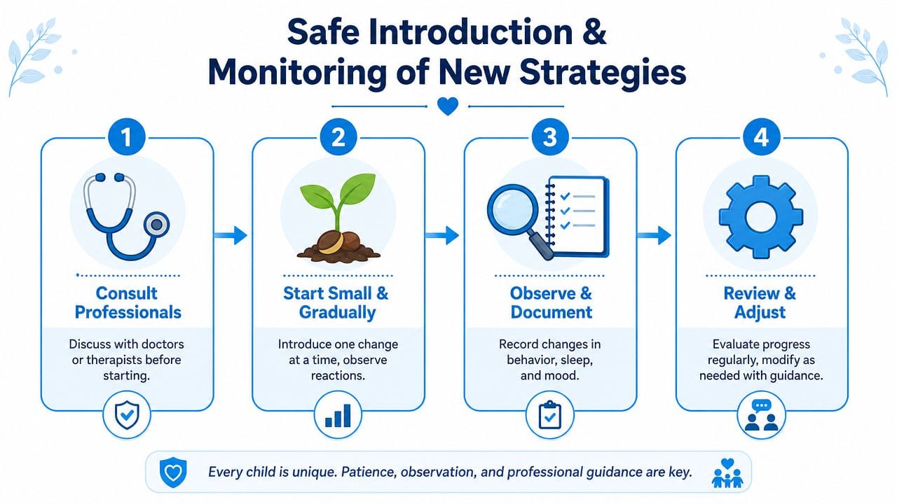 A four-step infographic illustrating a safe, structured process for introducing and monitoring new strategies for children.