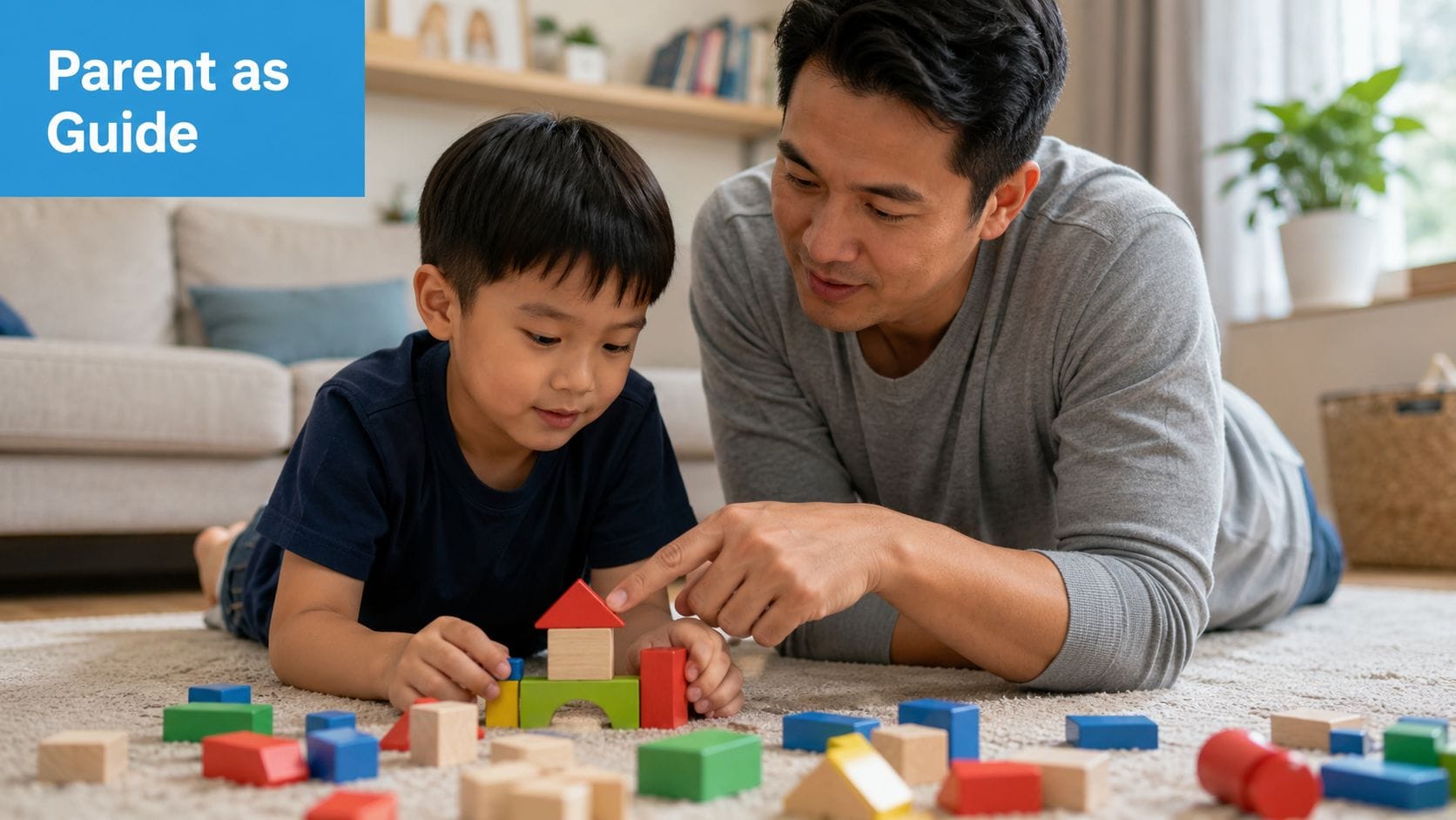 A father and son lying on a rug building a toy house with wooden blocks together.