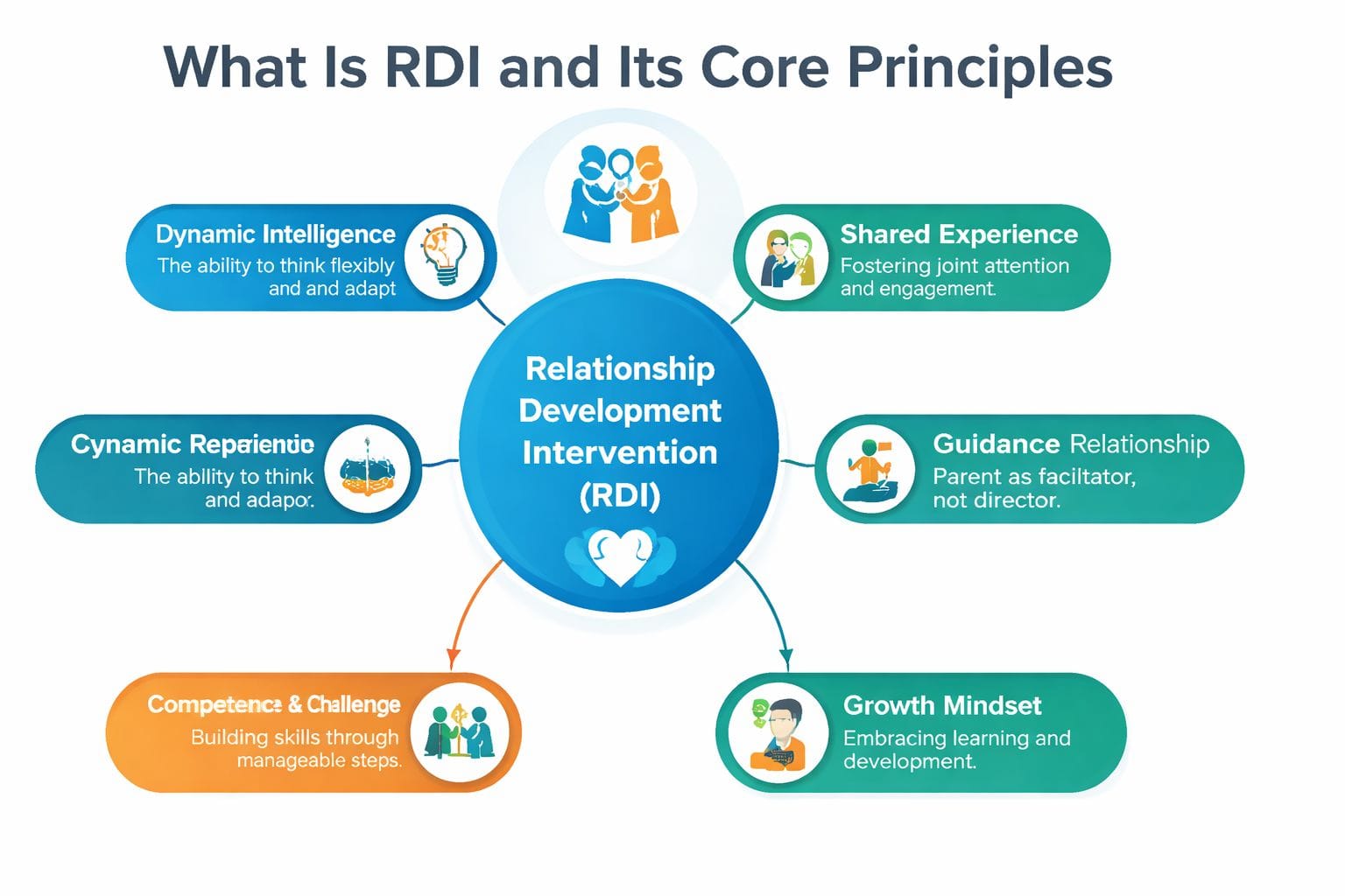 A diagram illustrating the core principles of Relationship Development Intervention including shared experience, guidance, and growth mindset.
