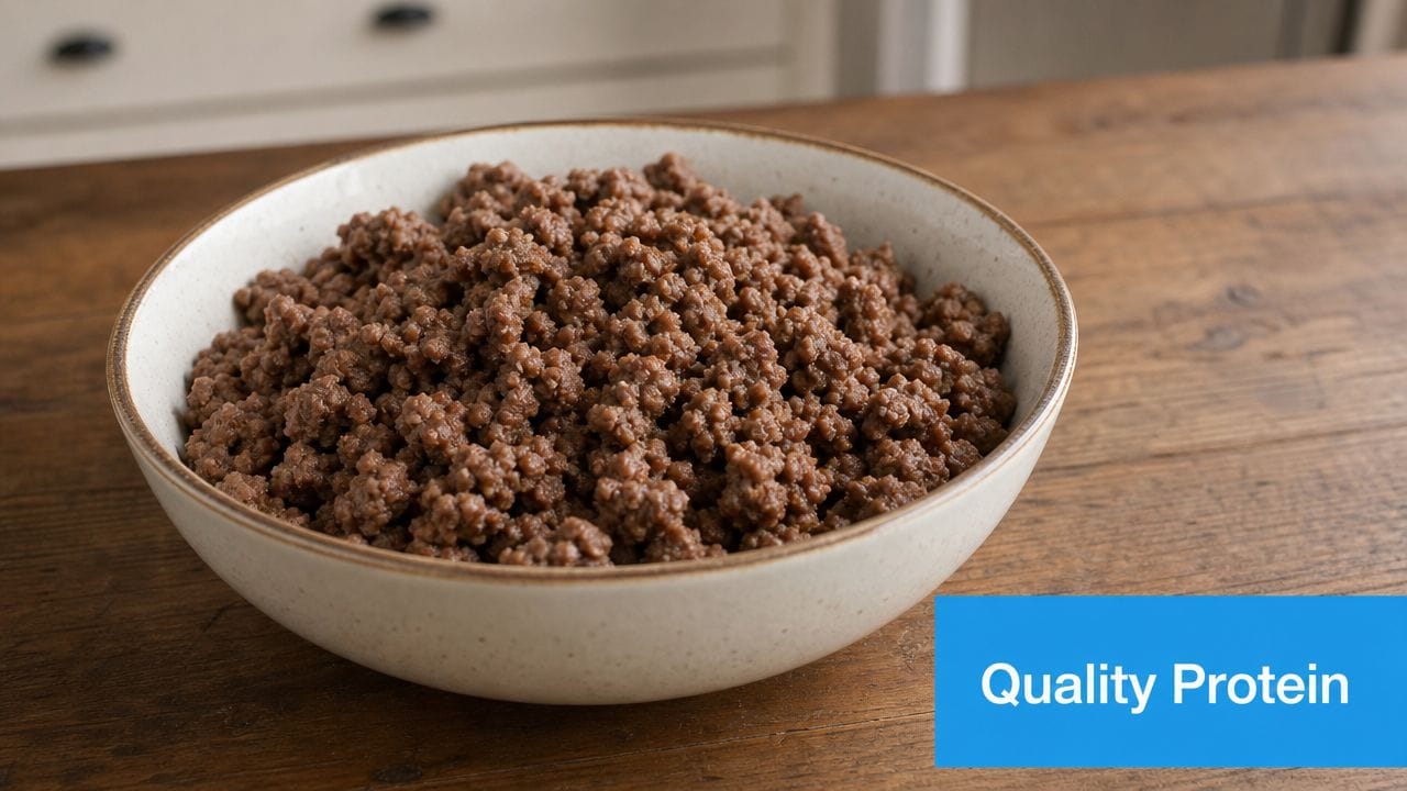 A ceramic bowl filled with cooked ground beef sits on a wooden table with a blue overlay.