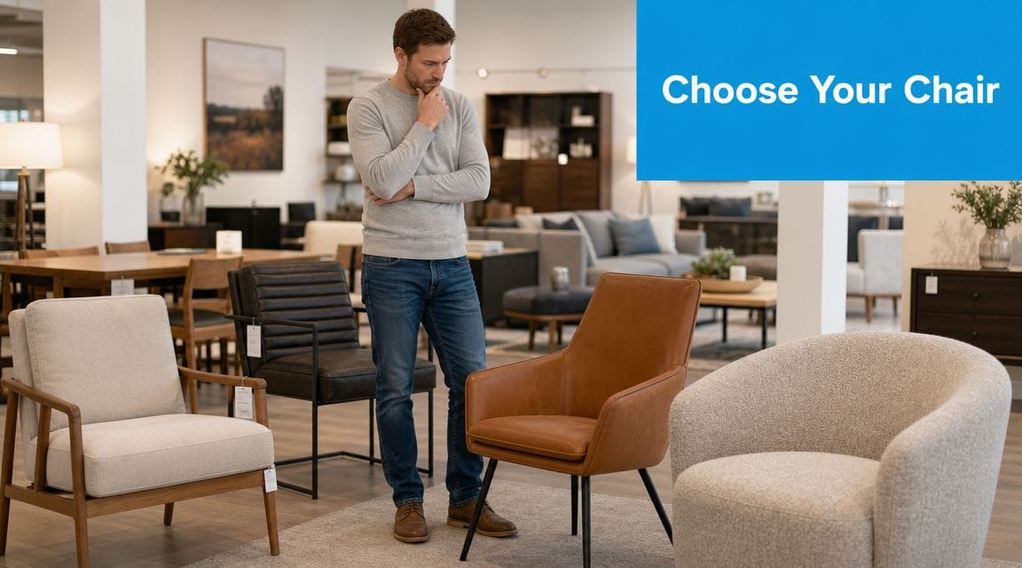 A man standing in a furniture showroom evaluating different styles of chairs for purchase.