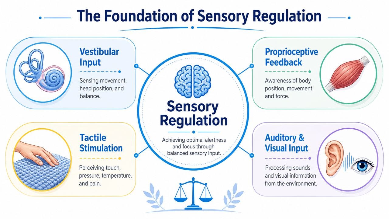 An infographic titled The Foundation of Sensory Regulation illustrating four key sensory systems for emotional balance.